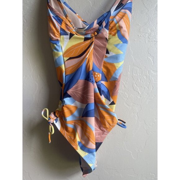 Kona Sol Twist-Front Shirred Full Coverage White Tropical Floral One Piece Swims - Picture 4 of 9